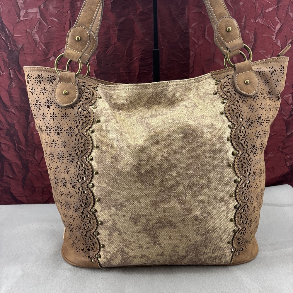 Vintage Way West Leather Tote Bag Shiny Weave Laser‎ Cut Accents Brass Studs EUC